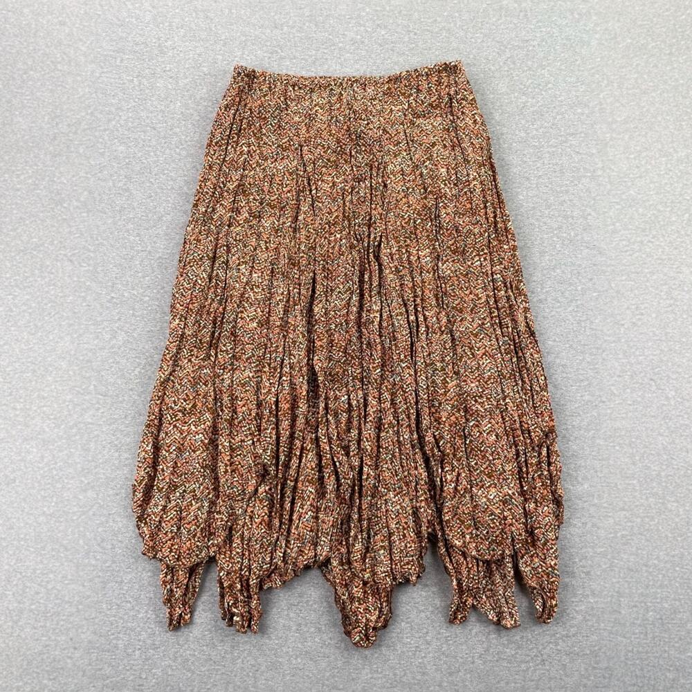Vintage Y2K Boho Handkerchief Hem Maxi Skirt PS Brown Crinkle Pleated Fairycore